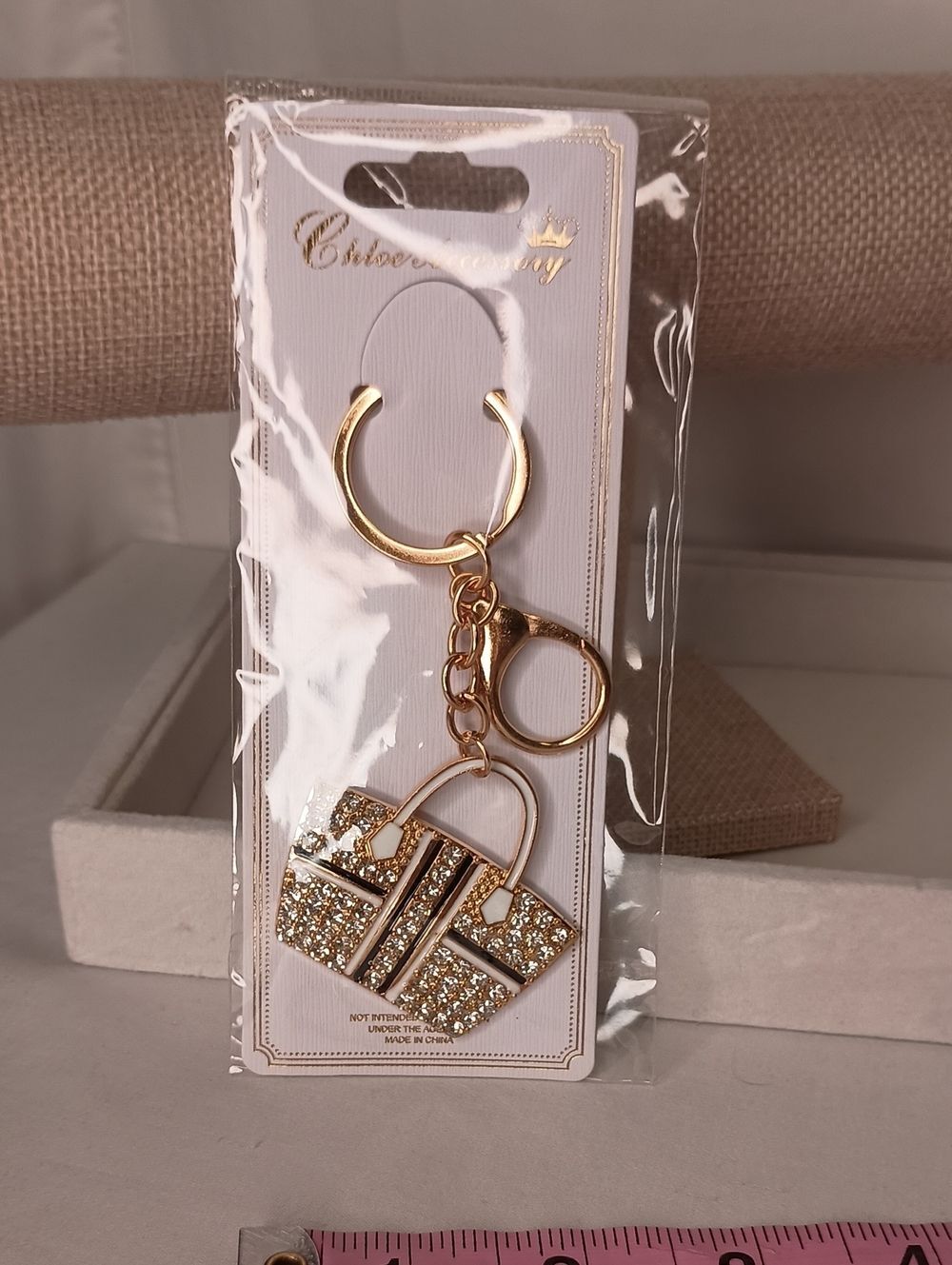 Women's Rhinestone Handbag Keychain Bag Charm Gold Tone Black Purse Accessories - Picture 3 of 5